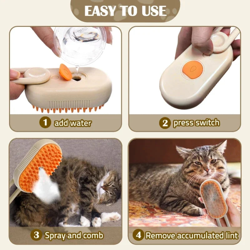 Brosse À Vapeur 3 En 1 Pour Chat, Dissolvant De Poils D'Animaux, Vaporisateur, Peigne De Toilettage Avec Spray De Massage, Outil De Nettoyage Durable Pour Chats
