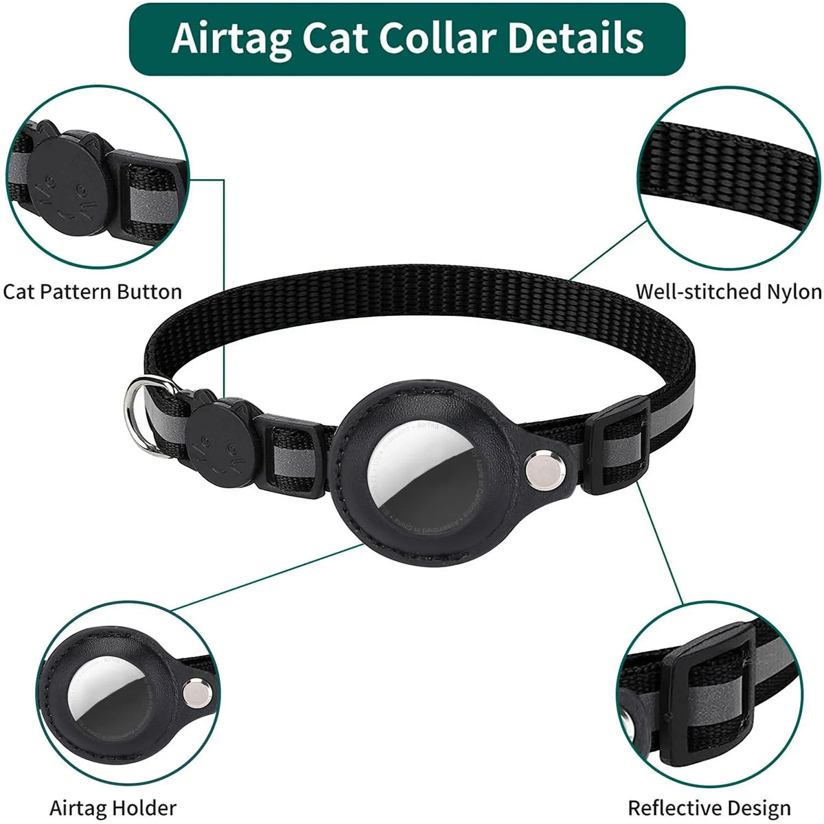 Collier De Support Airtag Pour Chat, Bandes Réfléchissantes Détachables, Collier De Chaton Réglable, Collier De Cloche De Chat Étanche, Étui Pour Étiquette D'Air Pour Animaux De Compagnie