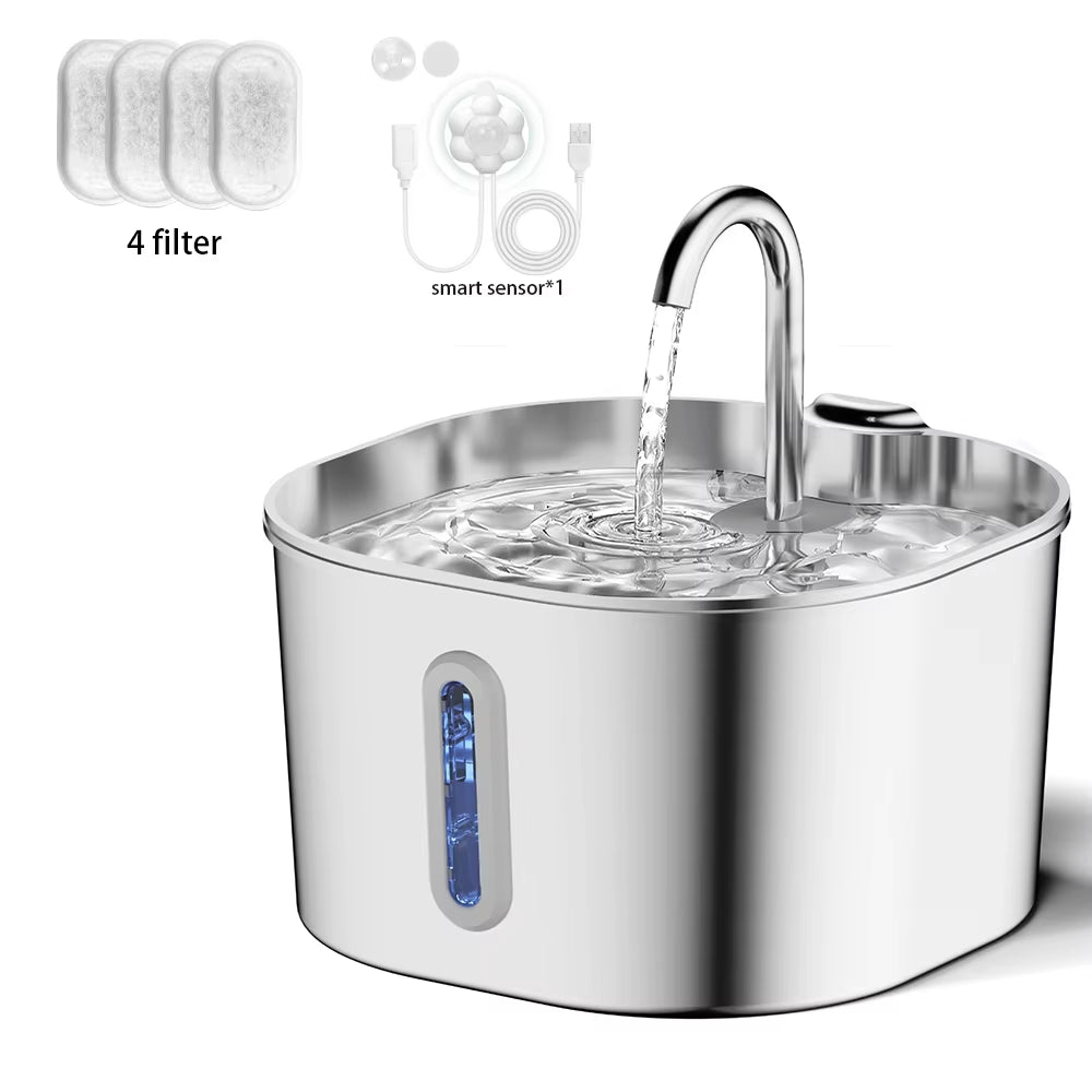 Fontaine À Eau Pour Chat En Acier Inoxydable, 2,2 L, Distributeur D'Eau Pour Animaux De Compagnie Avec Filtre, Abreuvoir Pour Chiens Et Chats, Pompe À Eau Ultra Silencieuse
