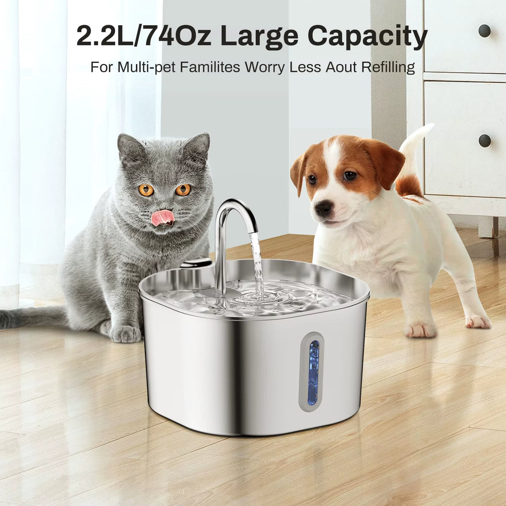 Fontaine À Eau Pour Chat En Acier Inoxydable, 2,2 L, Distributeur D'Eau Pour Animaux De Compagnie Avec Filtre, Abreuvoir Pour Chiens Et Chats, Pompe À Eau Ultra Silencieuse